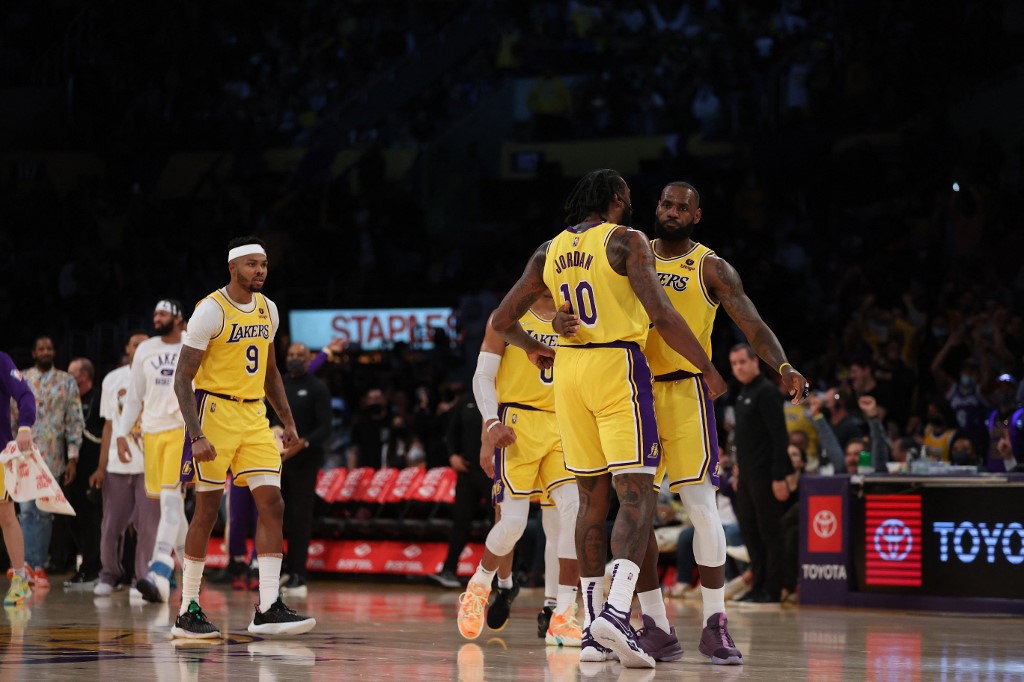 DeAndre Jordan #10 and LeBron James #6 of the Los Angeles Lakers react in the fourth quarter against the Houston Rockets at Staples Center on November 02, 2021 in Los Angeles, California.