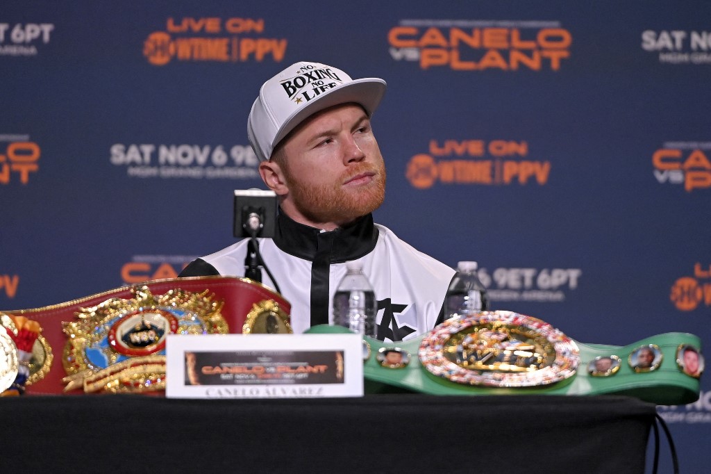 WBC/WBA/WBO super middleweight champion Canelo Alvarez looks on during a news conference at MGM Grand Garden Arena on November 03, 2021 in Las Vegas, Nevada. 
