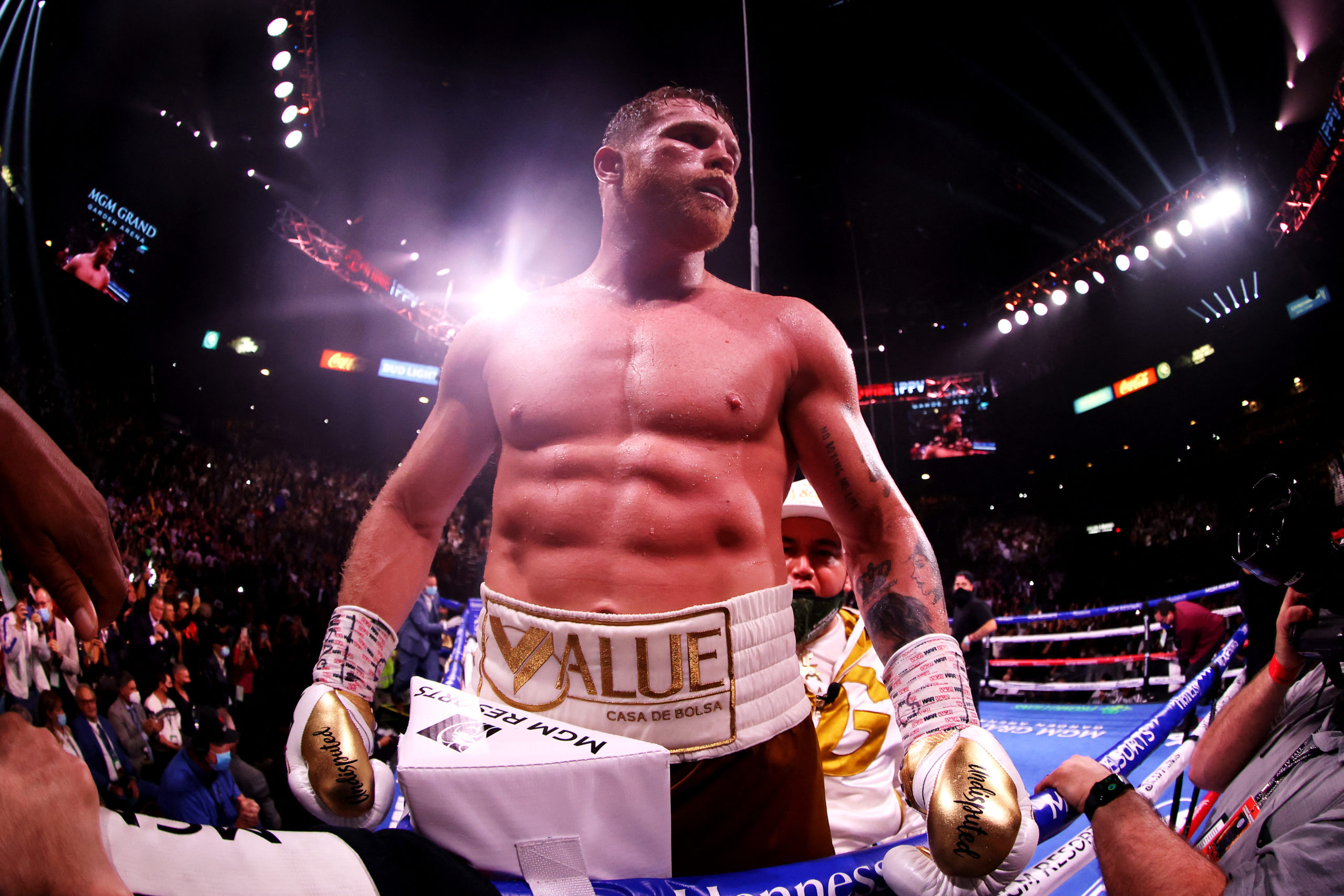  Canelo Alvarez celebrates his 11th round technical knock out win against Caleb Plant after their championship bout for Alvarez's WBC, WBO and WBA super middleweight titles and Plant's IBF super middleweight title at MGM Grand Garden Arena on November 06, 2021 in Las Vegas, Nevada.   