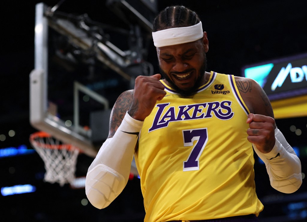  Carmelo Anthony #7 of the Los Angeles Lakers reacts to his foul during the first half against the Charlotte Hornets at Staples Center on November 08, 2021 in Los Angeles, California.   