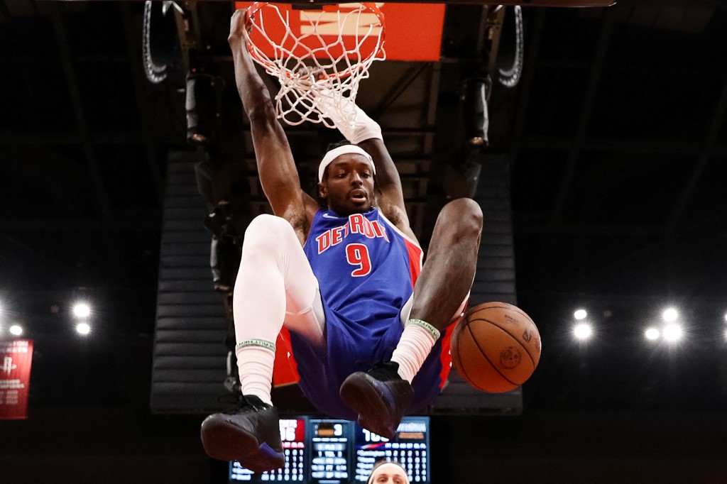 Jerami Grant #9 of the Detroit Pistons dunks the ball during the second half against the Houston Rockets at Toyota Center on November 10, 2021 in Houston, Texas.