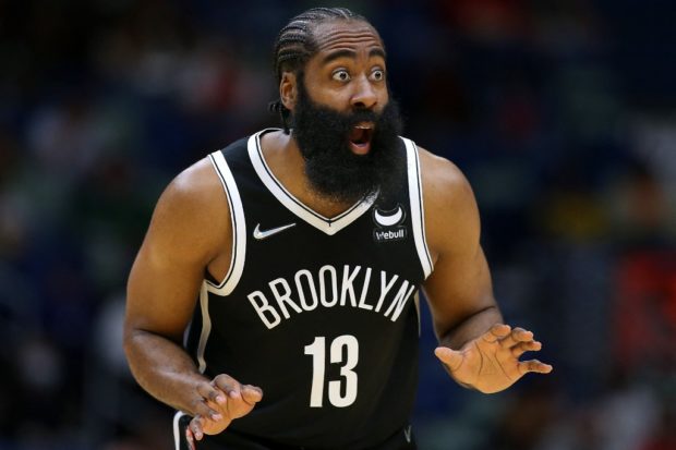 James Harden #13 of the Brooklyn Nets reacts during the first half against the New Orleans Pelicans at the Smoothie King Center on November 12, 2021 in New Orleans, Louisiana.