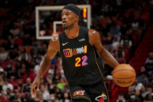 Jimmy Butler #22 of the Miami Heat controls the ball against the New Orleans Pelicans during the first half at FTX Arena on November 17, 2021 in Miami, Florida.