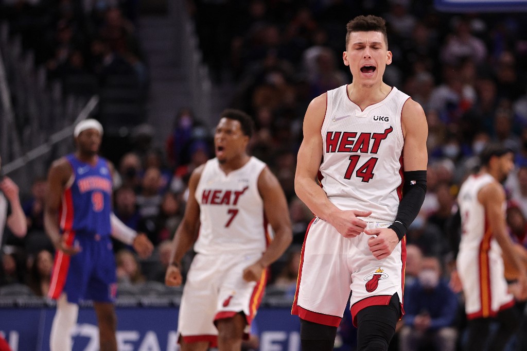 Tyler Herro #14 of the Miami Heat reacts in the second half while playing the Detroit Pistons at Little Caesars Arena on November 23, 2021 in Detroit, Michigan. Miami won the game 100-92.
