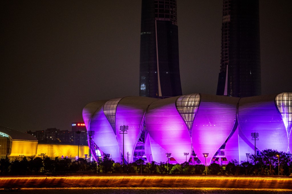 Image of "The Big Lotus", Hangzhou's Olympic Sports Center on the Qiantang river in Hangzhou, China. The building will be the site for the opening and closing ceremonies of the Asian Games in 2022. 