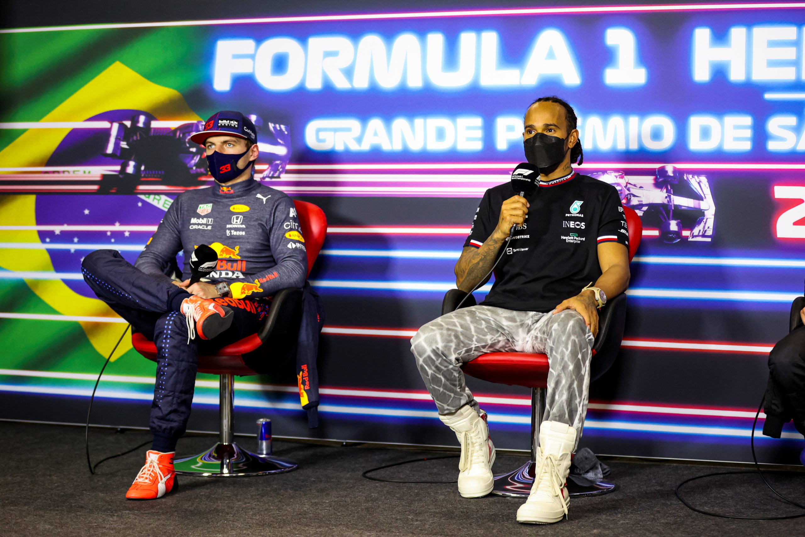 Red Bull's Max Verstappen and Mercedes' Lewis Hamilton during the press conference. 
