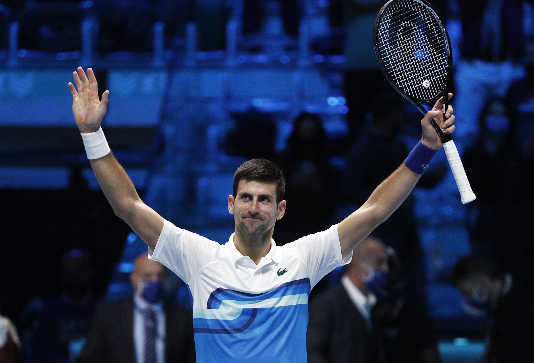 Serbia's Novak Djokovic celebrates winning his group stage match against Norway's Casper Ruud 