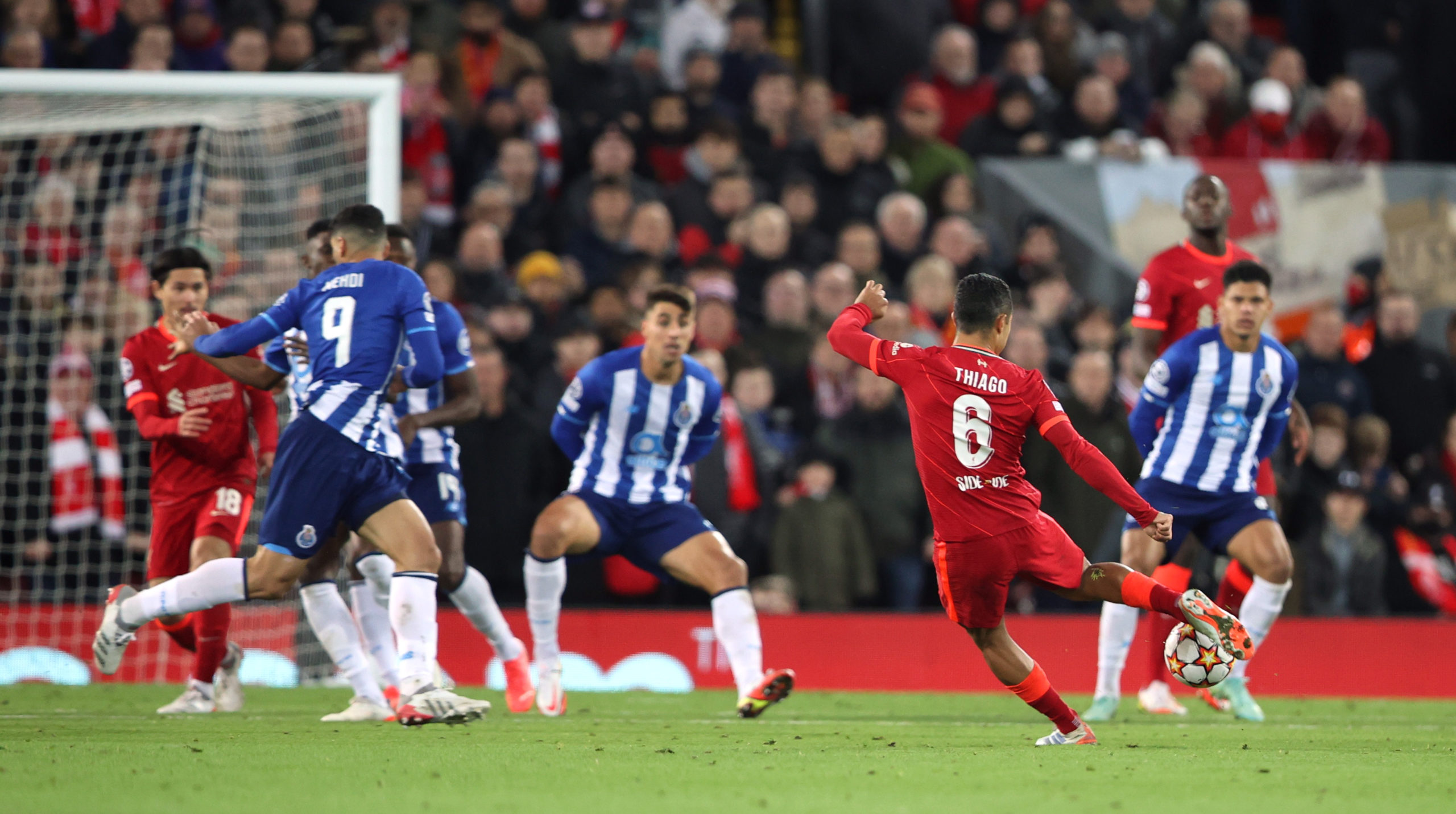 Soccer Football - Champions League - Group B - Liverpool v FC Porto - Anfield, Liverpool, Britain - November 24, 2021 Liverpool's Thiago Alcantara scores their first goal