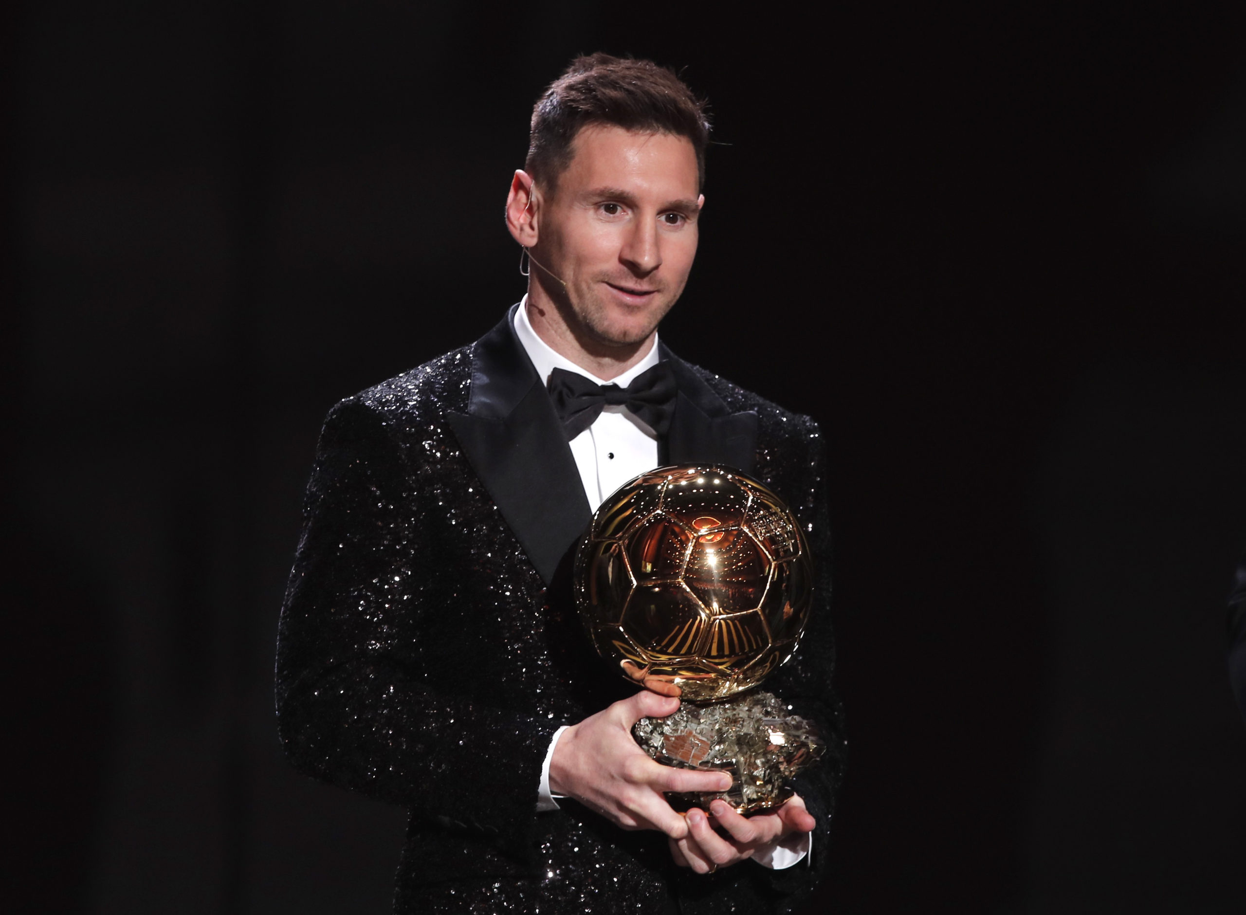 Paris St Germain's Lionel Messi with the Ballon d'Or award