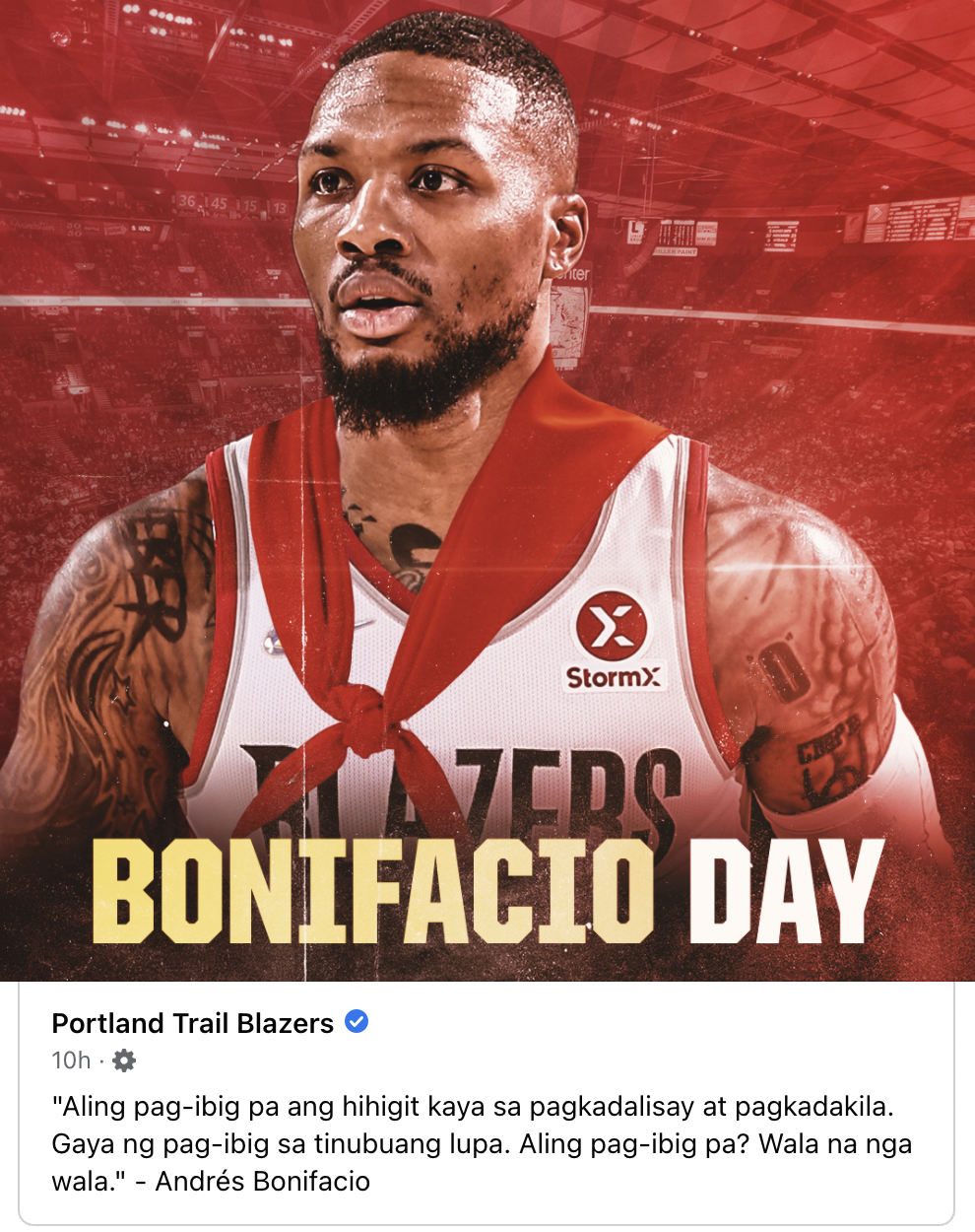Portland Trail Blazers' Facebook post commemorating Bonifacio Day. 