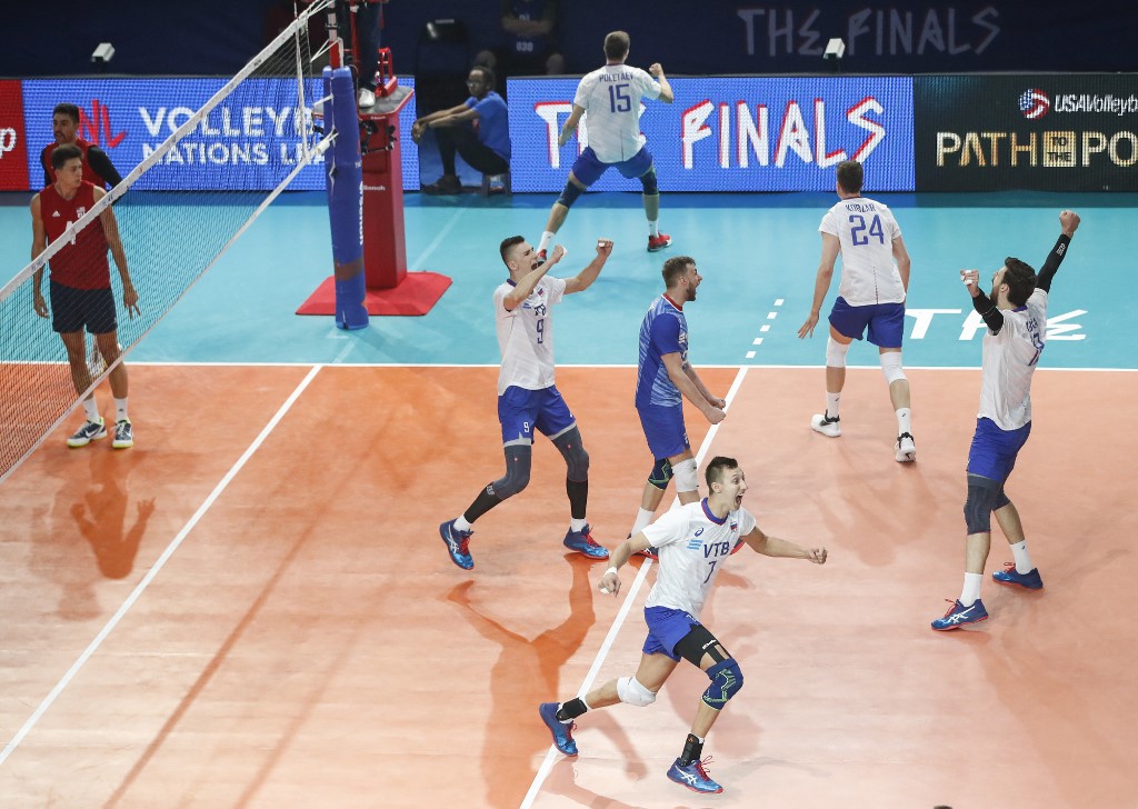 Russia celebrates after defeating USA in the FIVB Volleyball Nations League first place game in Chicago, Illinois, July 14, 2019.
