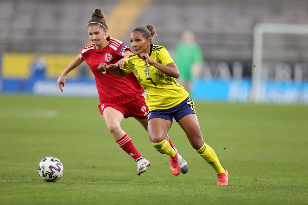 Georgia's midfielder Natia Danelia (L) and Sweden's midfielder Madelen Janogy vie for the ball during the 2023 FIFA Women's World Cup qualifying football match group A between Sweden and Georgia at Gamla Ullevi stadium in Gothenburg, Sweden, on September 21, 2021. 