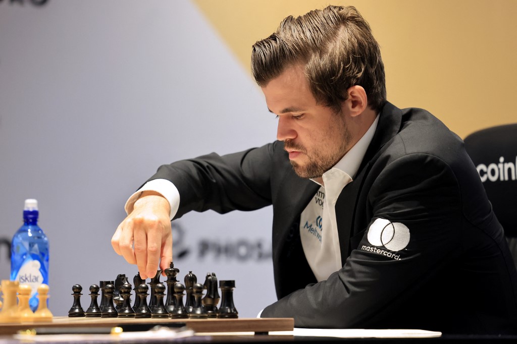 rlsen is pictured during game nine against Russia's grandmaster Ian Nepomniachtchi in the FIDE World Chess Championship Dubai 2021, at the Dubai Expo 2020 in the Gulf emirate, on December 7, 2021.