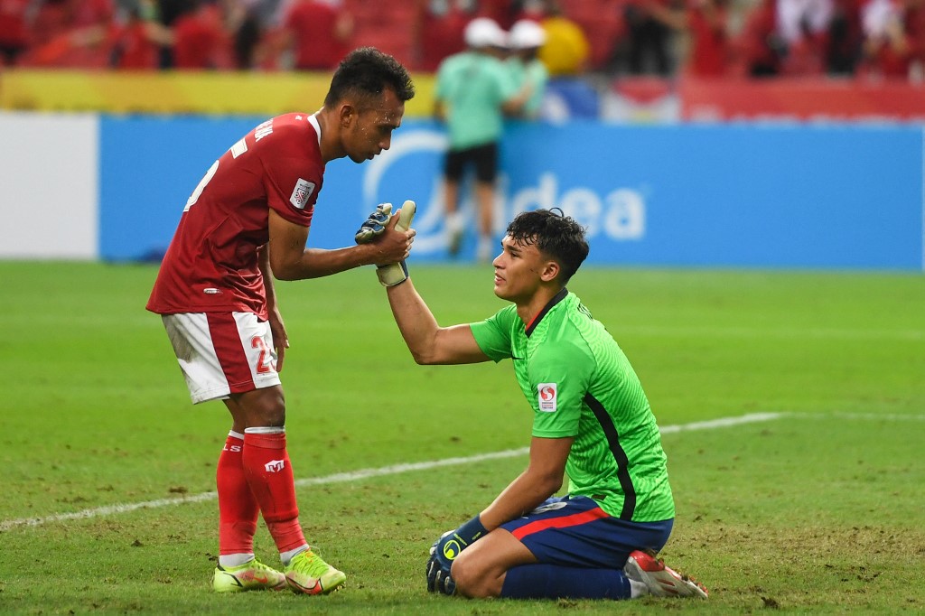 f the AFF Suzuki Cup 2020 football semi-final match between Singapore and Indonesia at the National Stadium in Singapore on December 25, 2021. 