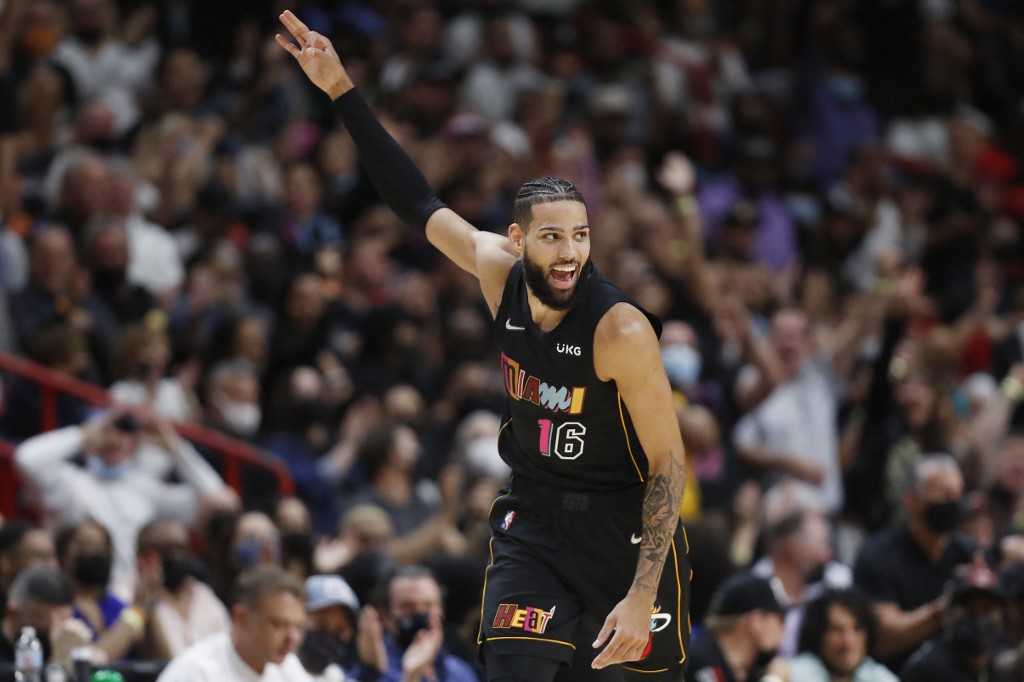 Caleb Martin #16 of the Miami Heat celebrates a three pointer against the Utah Jazz during the second half at FTX Arena on November 06, 2021 in Miami, Florida.