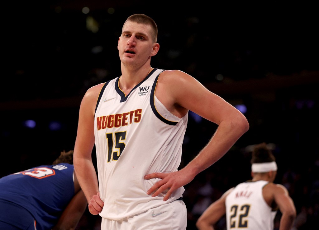 Nikola Jokic #15 of the Denver Nuggets reacts after he is called for a foul in the second half against the New York Knicks at Madison Square Garden on December 04, 2021 in New York City. 
