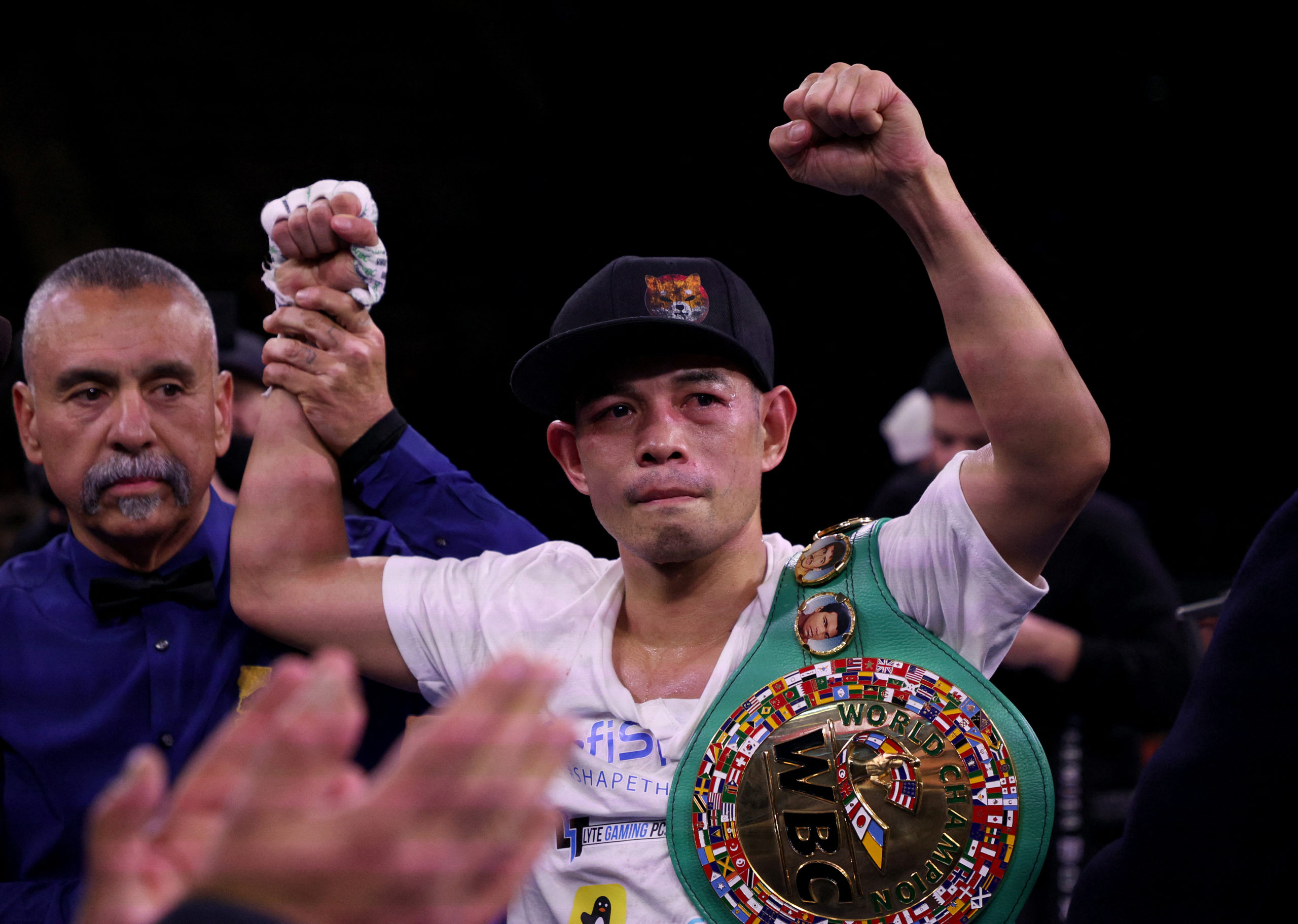 Nonito Donaire reacts after a third round knockout win over Reymart Gaballo for the WBC World Bantamweight Championship at Dignity Health Sports Park on December 11, 2021 in Carson, California.
