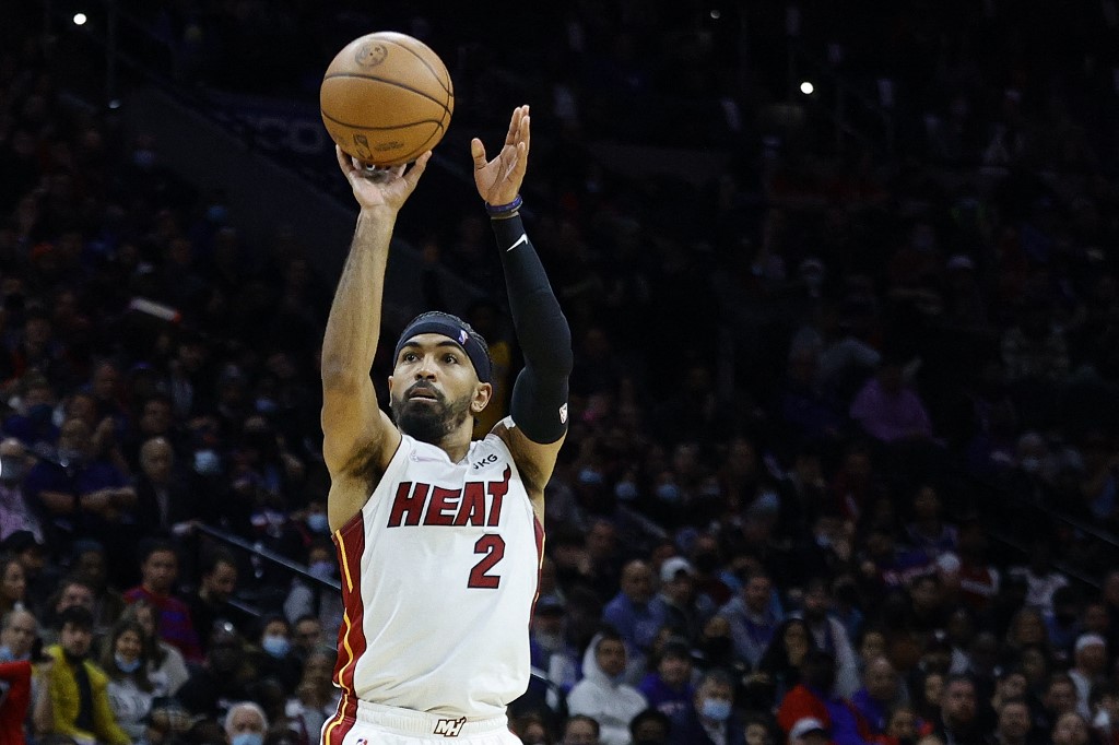 Gabe Vincent #2 of the Miami Heat shoots during the third quarter against the Philadelphia 76ers at Wells Fargo Center on December 15, 2021 in Philadelphia, Pennsylvania.