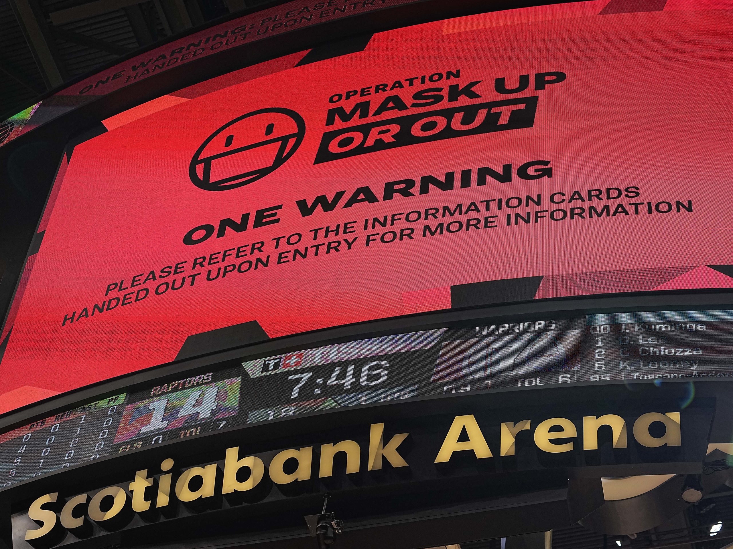FILE PHOTO: Dec 18, 2021; Toronto, Ontario, CAN; COVID-19 signage is seen on the scoreboard during the first quarter between the Golden State Warriors and Toronto Raptors at Scotiabank Arena. 