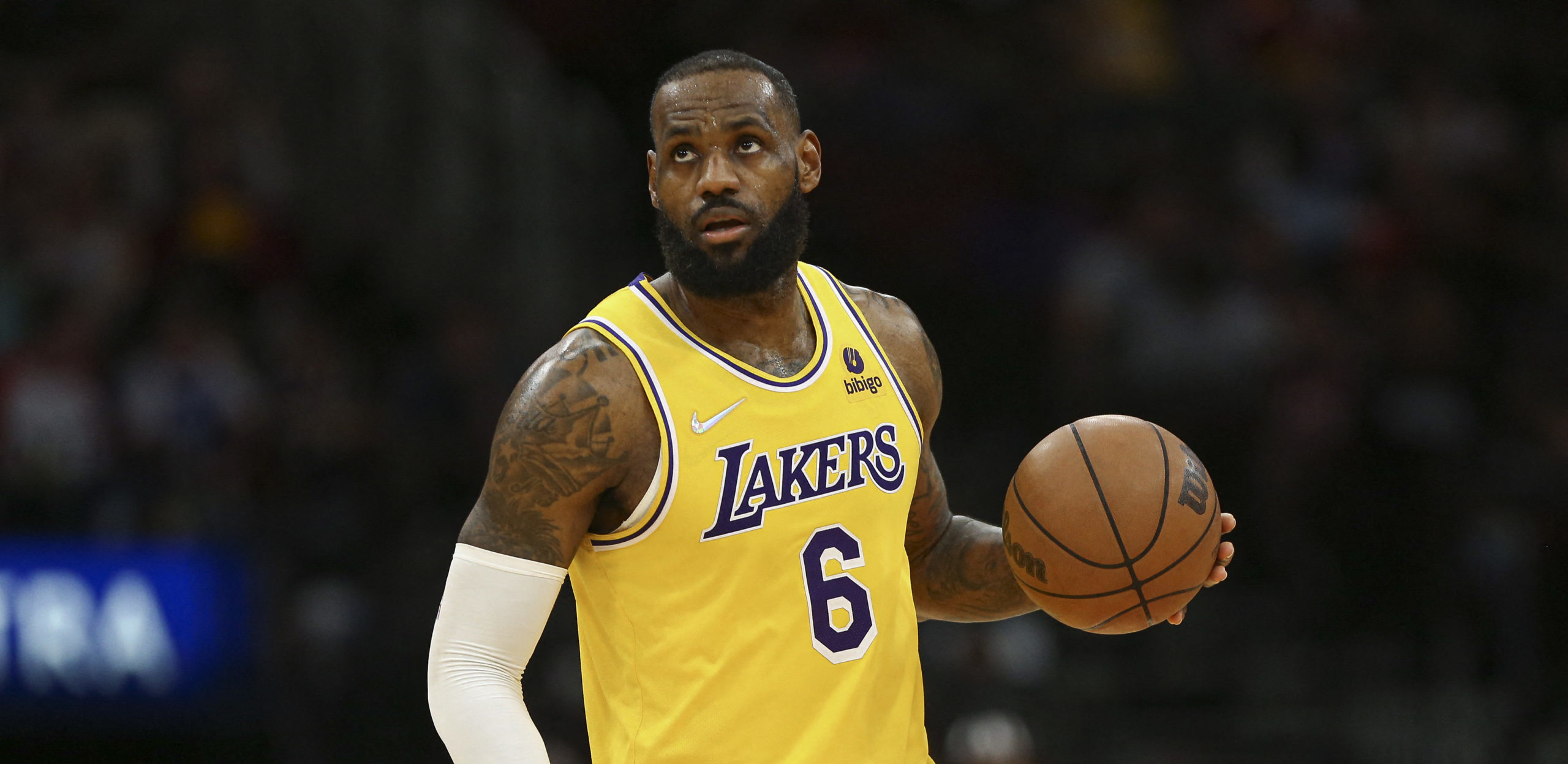 Los Angeles Lakers forward LeBron James (6) dribbles the ball during the fourth quarter against the Houston Rockets at Toyota Center.