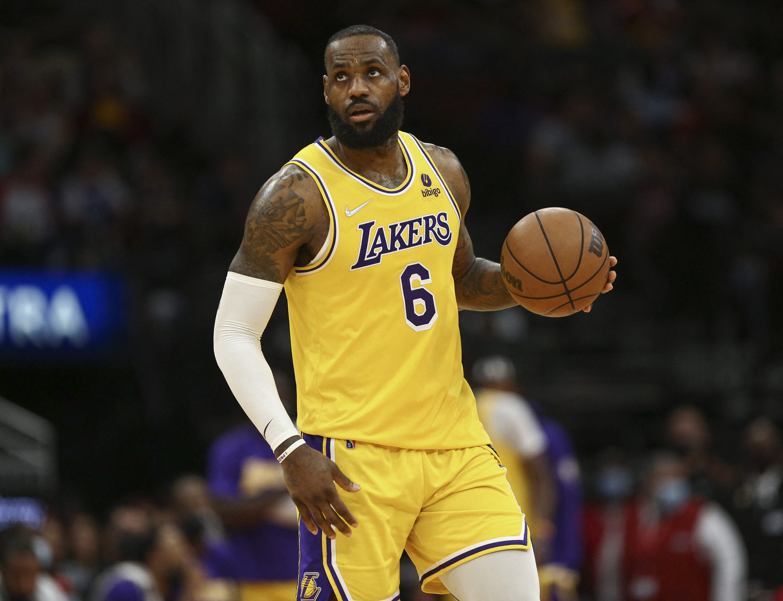 Los Angeles Lakers forward LeBron James (6) dribbles the ball during the fourth quarter against the Houston Rockets at Toyota Center. 