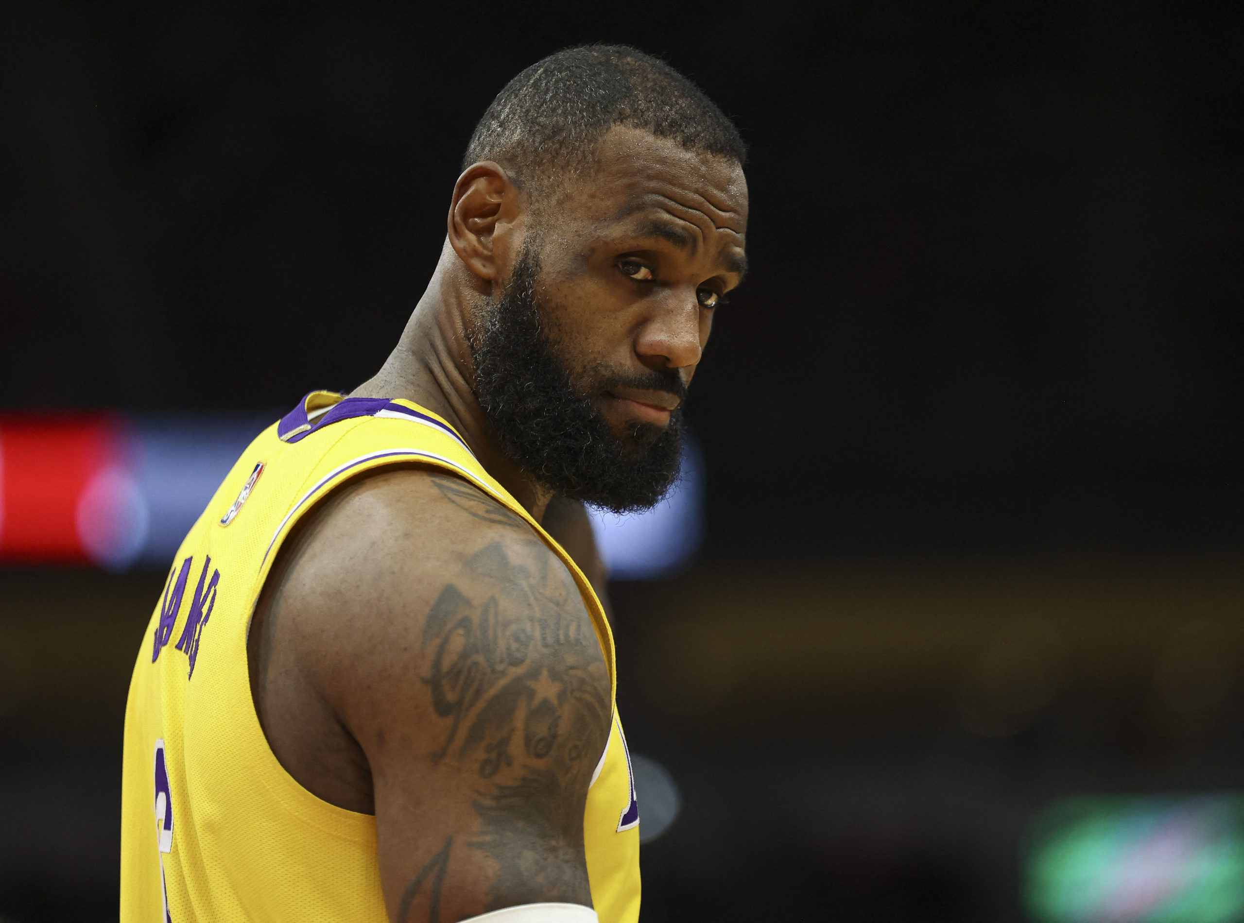 Los Angeles Lakers forward LeBron James (6) reacts after a play during the fourth quarter against the Houston Rockets at Toyota Center. Dec 28, 2021; Houston, Texas, USA;
