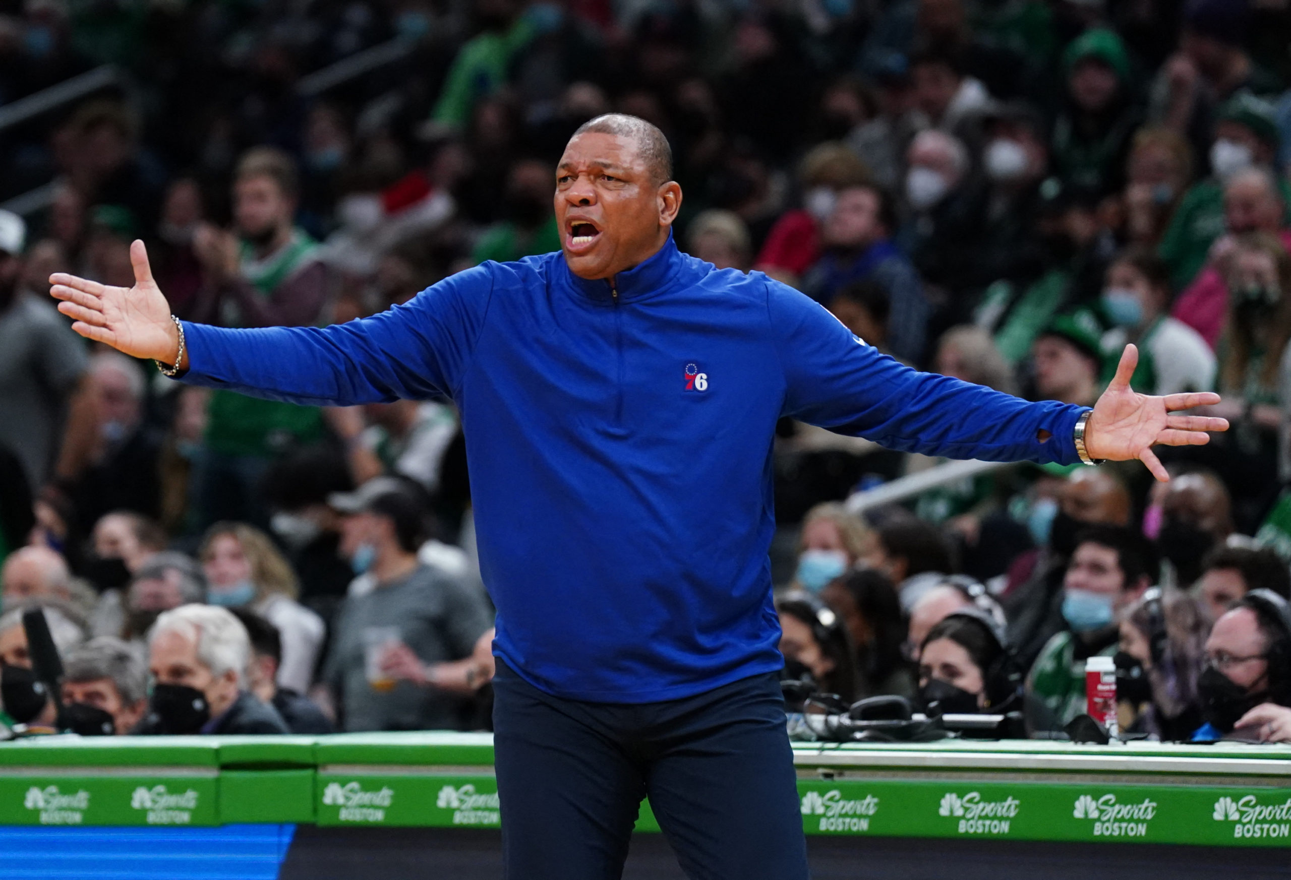FILE PHOTO: Philadelphia 76ers head coach Doc Rivers watches from the sideline as they take on the Boston Celtics in the second half at TD Garden. Dec 20, 2021; Boston, Massachusetts