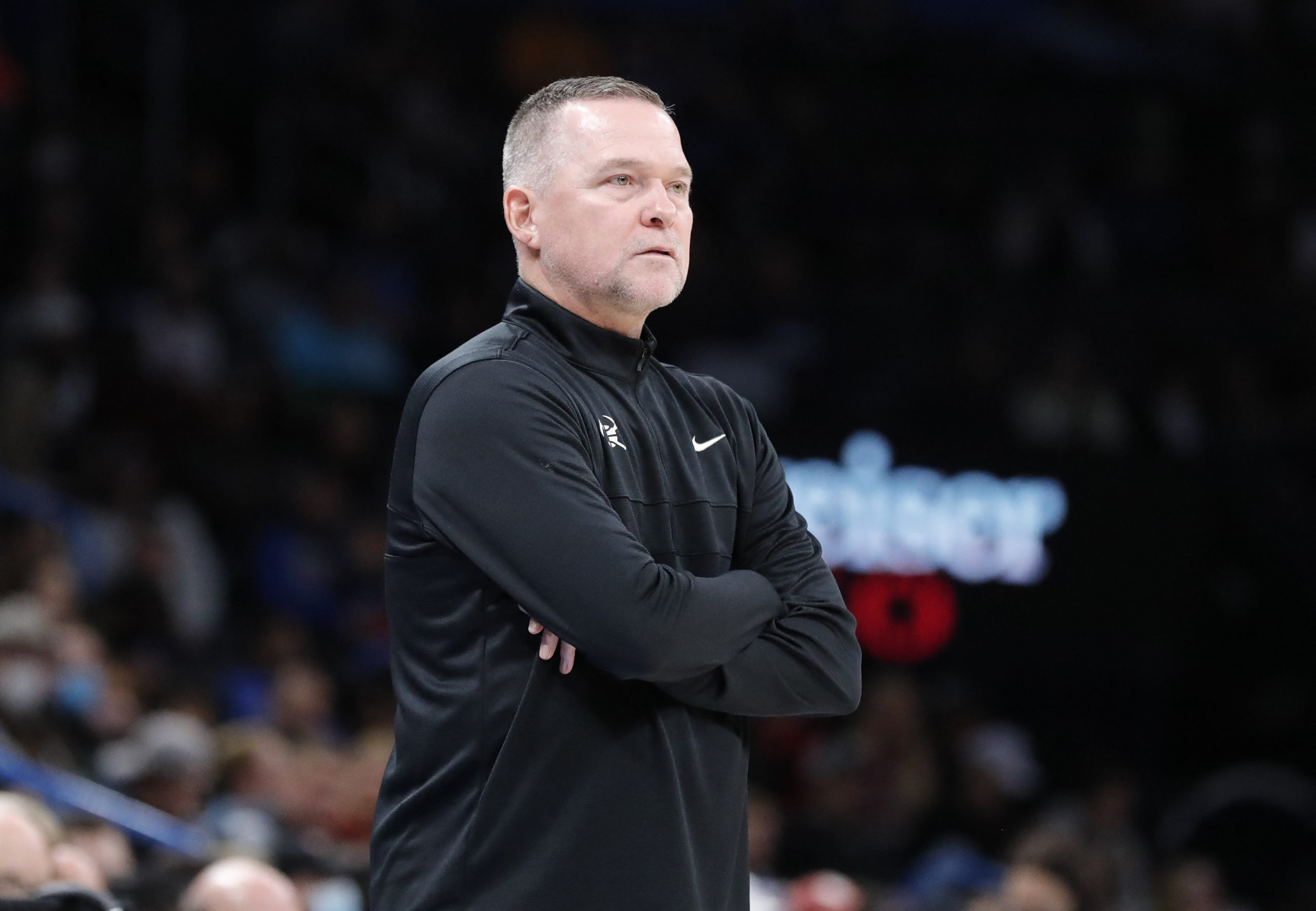 FILE PHOTO: Denver Nuggets head coach Michael Malone watches his team play against the Oklahoma City Thunder during the second half at Paycom Center. Oklahoma City won 108-94. Dec 22, 2021; Oklahoma City, Oklahoma, USA; 