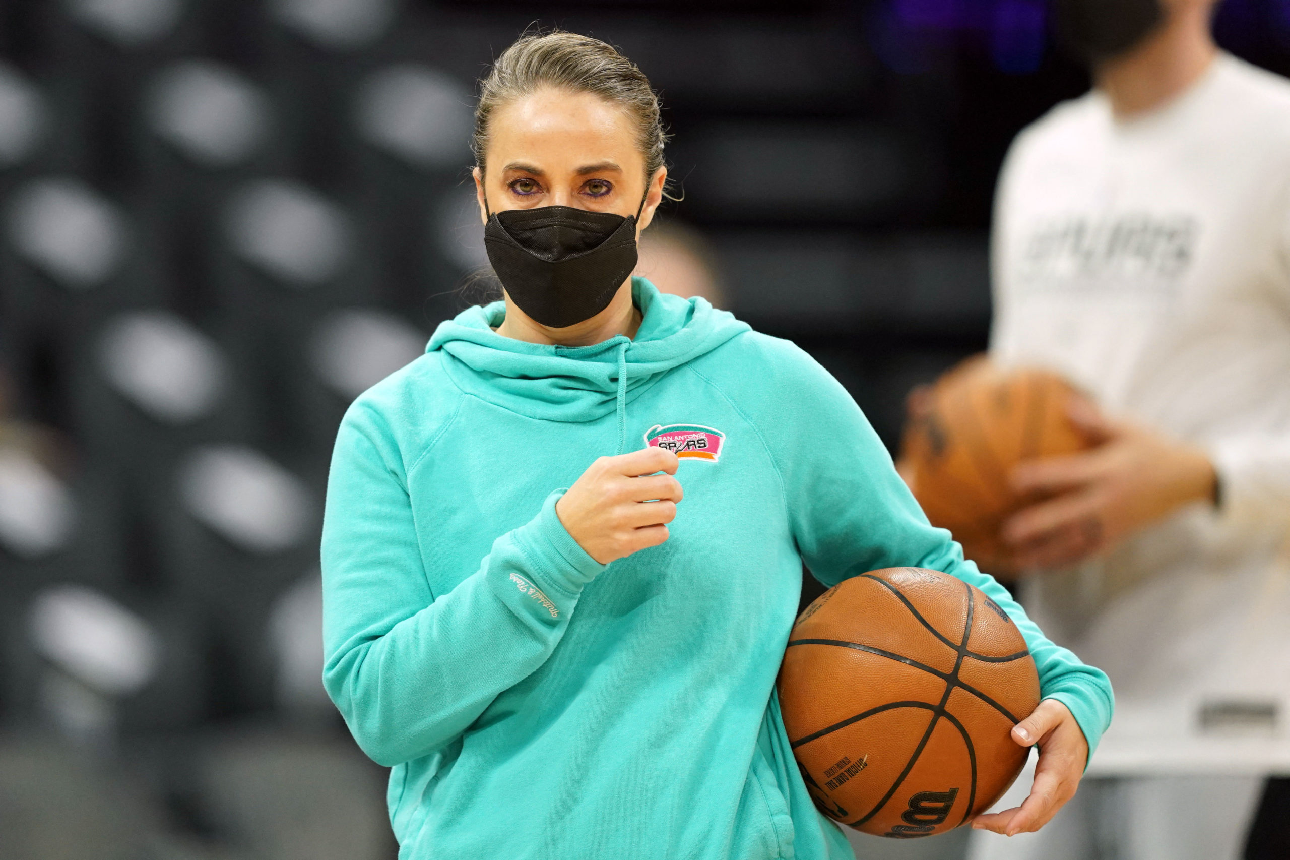 FILE PHOTO: San Antonio Spurs assistant coach Becky Hammon stands on the court before the game against the Sacramento Kings at Golden 1 Center. Dec 19, 2021; Sacramento, California, USA; 