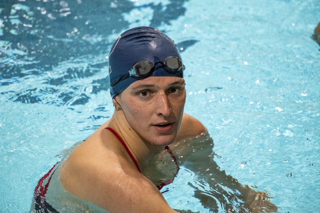 Lia Thomas, a transgender woman, finishes the 200 yard Freestyle for the University of Pennsylvania at an Ivy League swim meet against Harvard University in Cambridge, Massachusetts, on January 22, 2022. - Thomas placed first in the event.