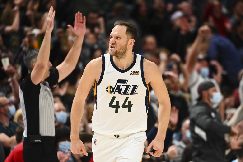 Bojan Bogdanovic #44 of the Utah Jazz reacts after making a three point shot in the second half of a game against the Charlotte Hornets at Vivint Smart Home Arena on December 20, 2021 in Salt Lake City, Utah. 