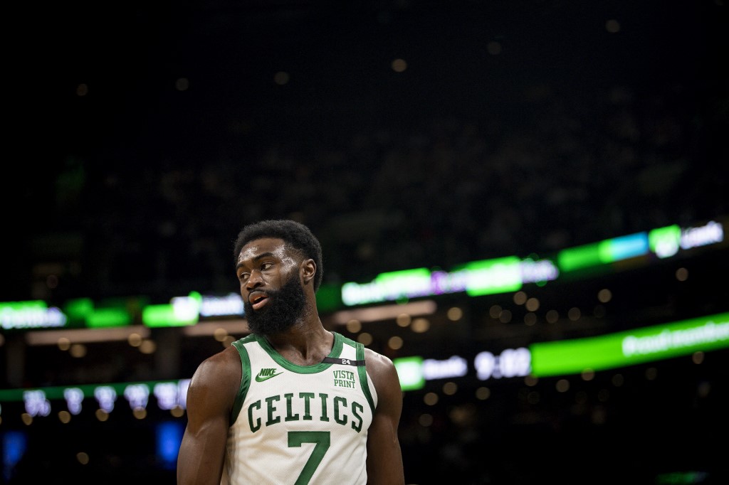 Jaylen Brown #7 of the Boston Celtics looks on against the New York Knicks during the second half of a game at TD Garden on January 08, 2022 in Boston, Massachusetts.