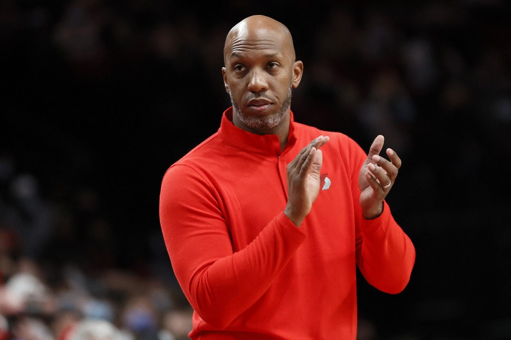 Head coach Chauncey Billups of the Portland Trail Blazers reacts during the second quarter against the Memphis Grizzlies at Moda Center on December 15, 2021 in Portland, Oregon. 