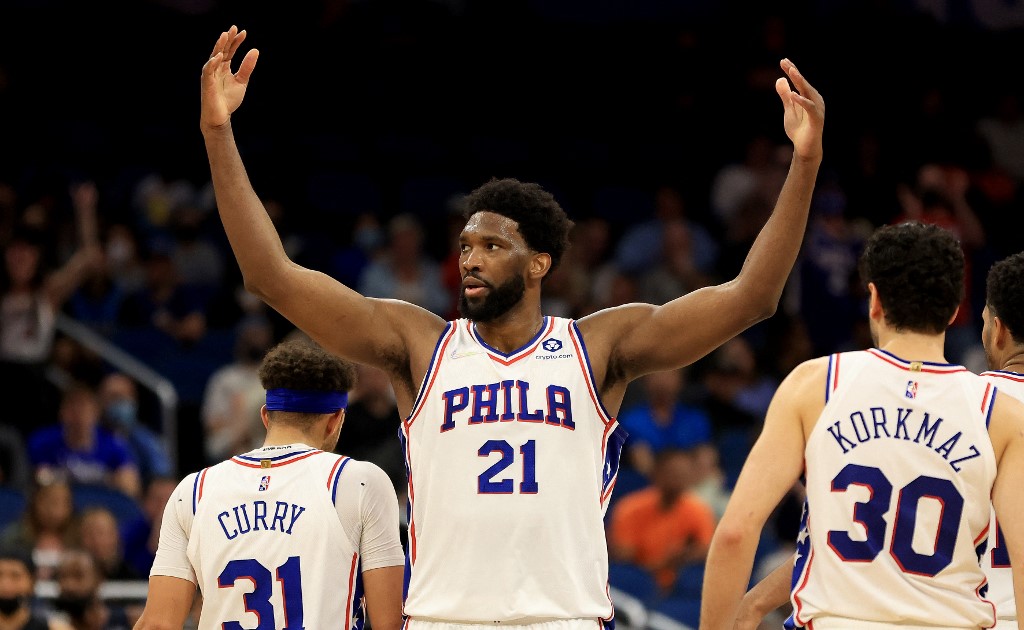 Joel Embiid #21 of the Philadelphia 76ers reacts to a play during a game against the Orlando Magic at Amway Center on January 05, 2022 in Orlando, Florida. 