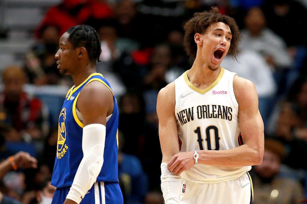 FILE–Jaxson Hayes #10 of the New Orleans Pelicans reacts after he is fouled during the fourth quarter of a NBA game against the Golden State Warriors at Smoothie King Center on January 06, 2022 in New Orleans, Louisiana. 