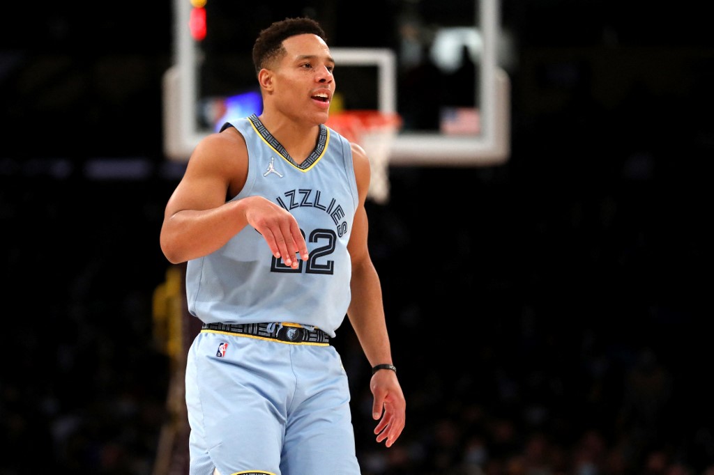  Desmond Bane #22 of the Memphis Grizzlies reacts after making a basket during the third quarter against the Los Angeles Lakers at Crypto.com Arena on January 09, 2022 in Los Angeles, California. 