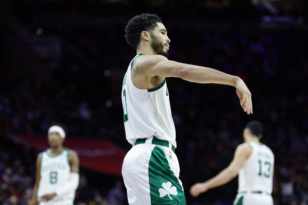 Jayson Tatum #0 of the Boston Celtics reacts during the second quarter against the Philadelphia 76ers at Wells Fargo Center on January 14, 2022 in Philadelphia, Pennsylvania.