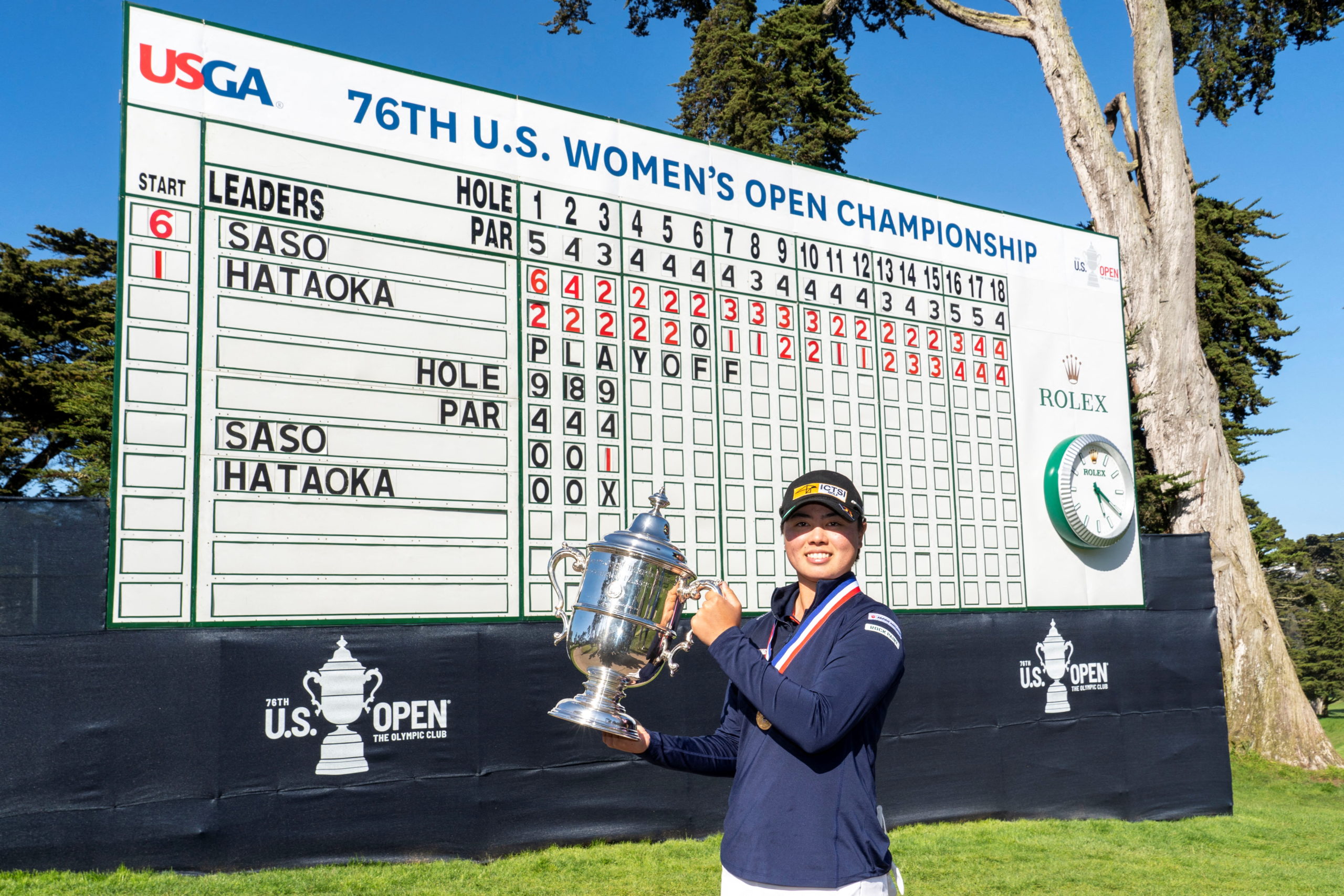 FILE PHOTO: Jun 6, 2021; San Francisco, California, USA; Yuka Saso hoists the US Open trophy after winning in a sudden death playoff over Nasa Hataoka following the final round of the U.S. Women's Open golf tournament at The Olympic Club.