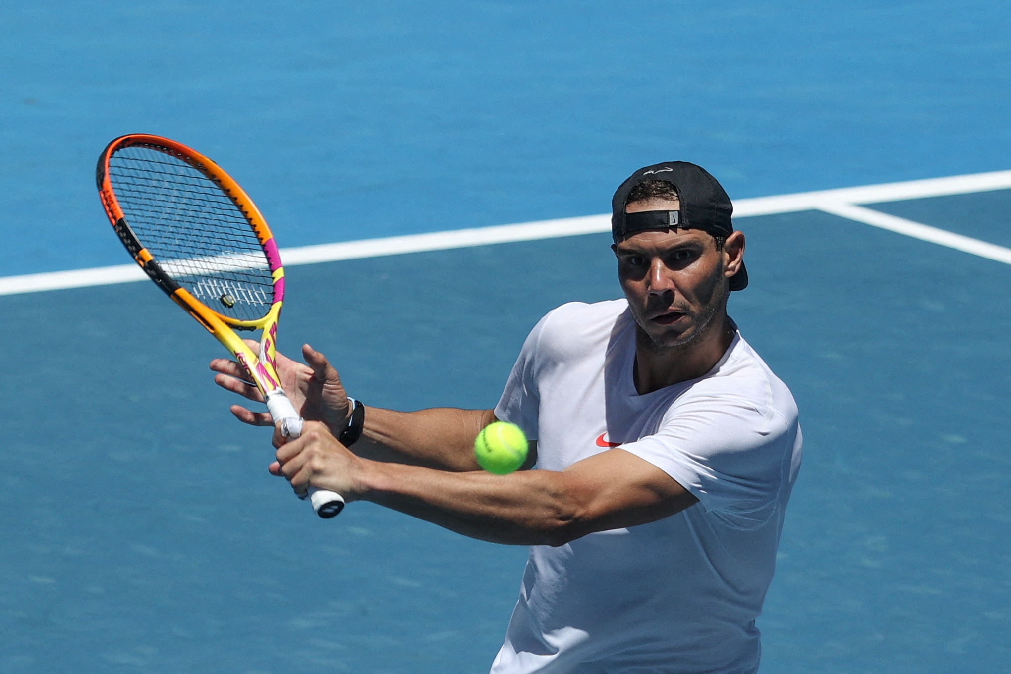 Spain's Rafael Nadal practices in the lead-up to the 2022 Australian Open tennis tournament at Melbourne Park in Melbourne, Australia, January 3, 2022.  