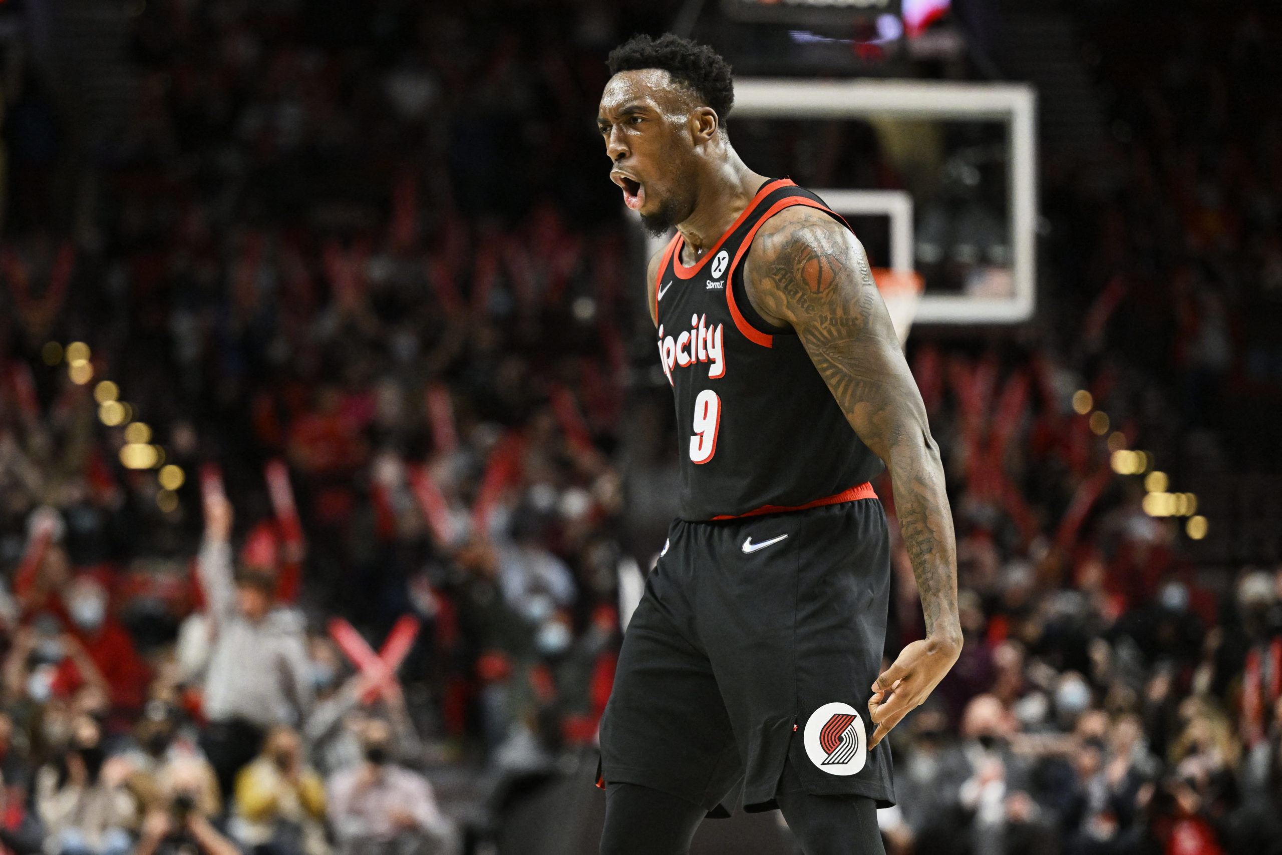 Portland Trail Blazers forward Nassir Little (9) celebrates after scoring a three point shot during the second half against the Brooklyn Nets at Moda Center. The Trail Blazers won the game 114-108.