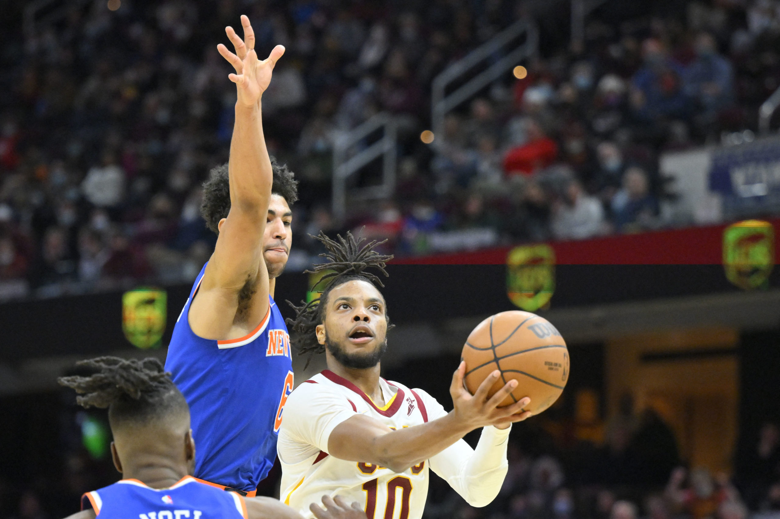 Cleveland Cavaliers guard Darius Garland (10) drives to the basket beside New York Knicks guard Quentin Grimes (6) in the fourth quarter at Rocket Mortgage FieldHouse. 