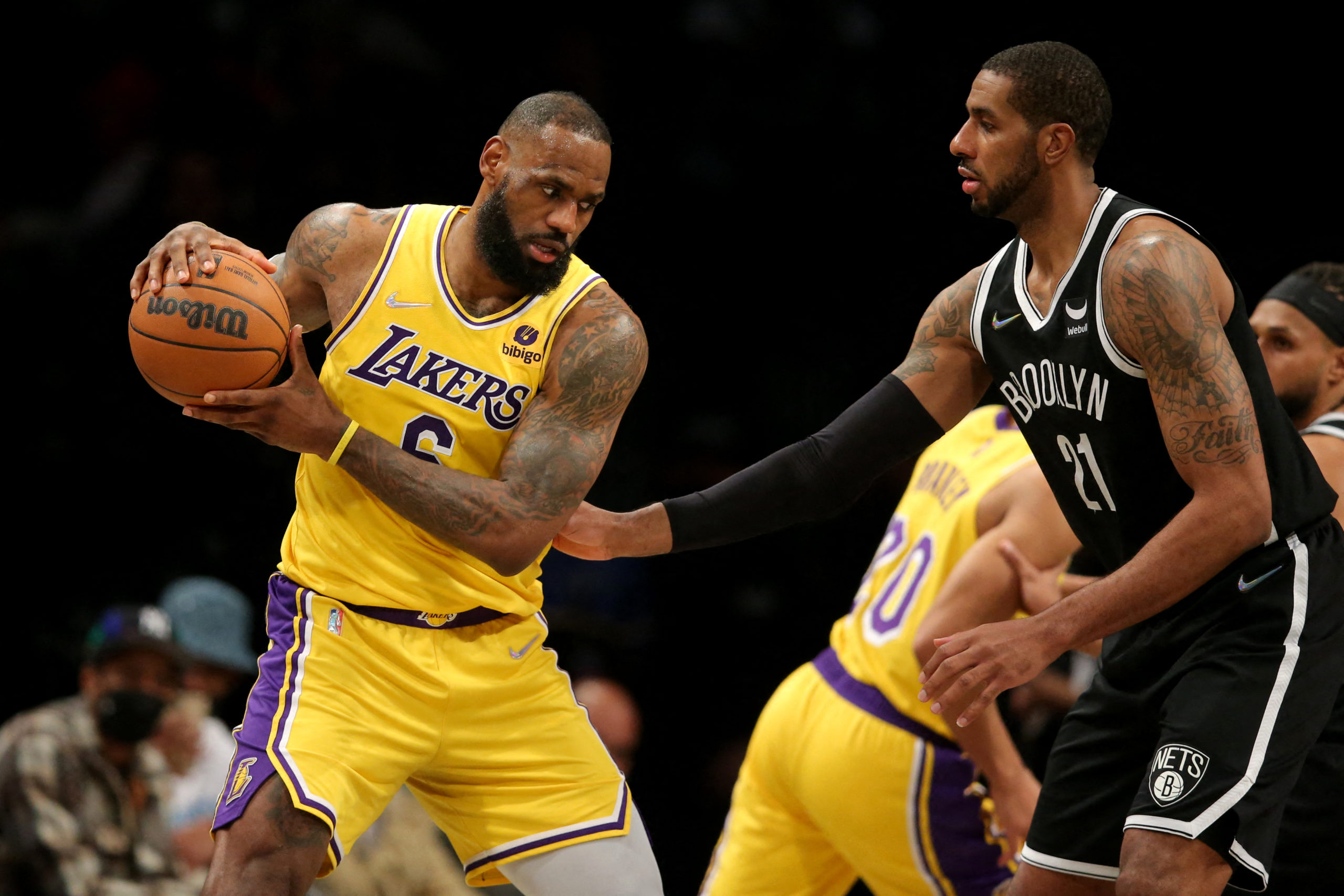 Jan 25, 2022; Brooklyn, New York, USA; Los Angeles Lakers forward LeBron James (6) controls the ball against Brooklyn Nets center LaMarcus Aldridge (21) during the third quarter at Barclays Center. 