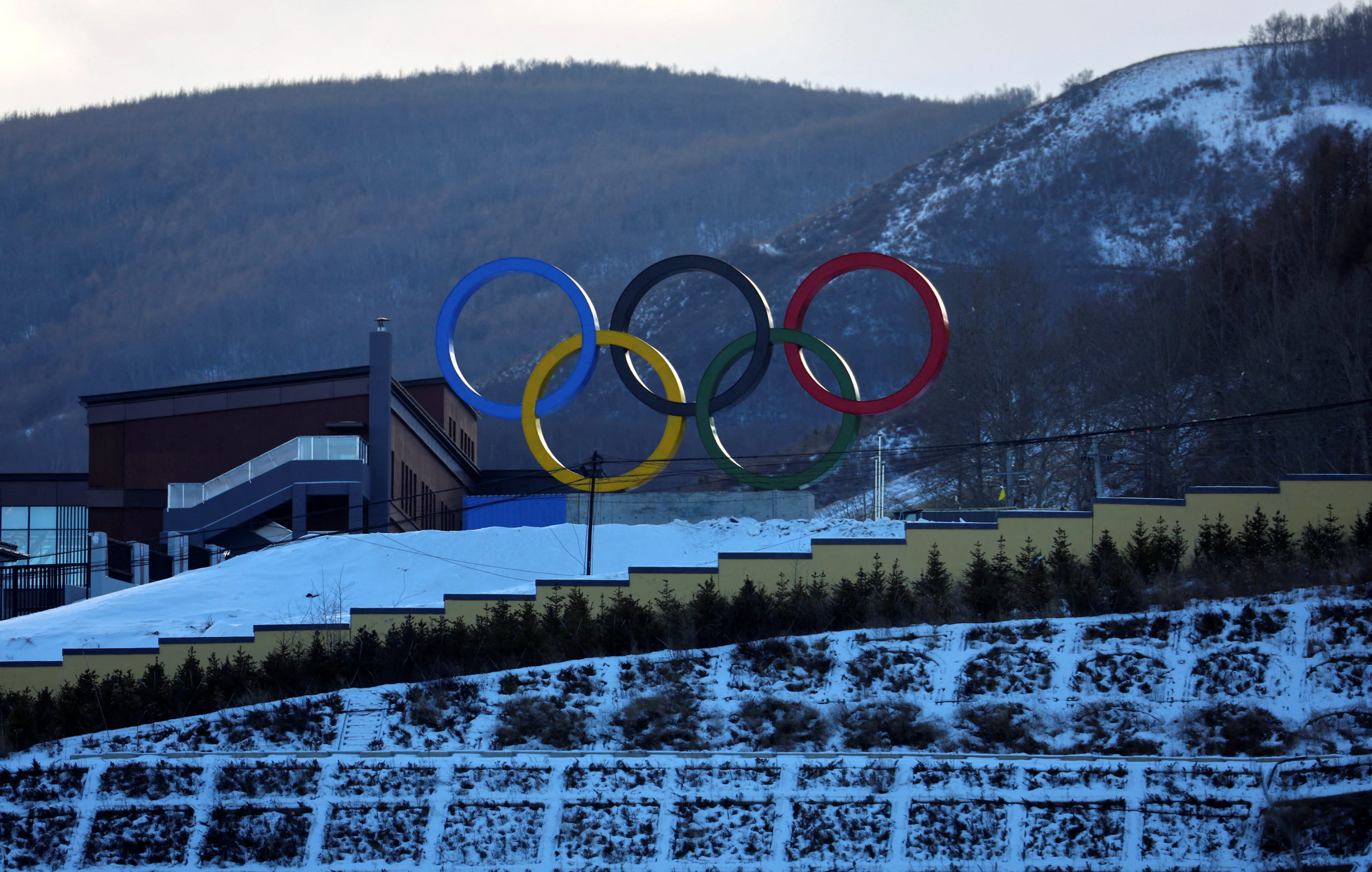 The Olympic rings are pictured at Zhangjiakou cluster inside a closed loop area designed to prevent the spread of the coronavirus disease (COVID-19) in Zhangjiakou, China January 25, 2022. 