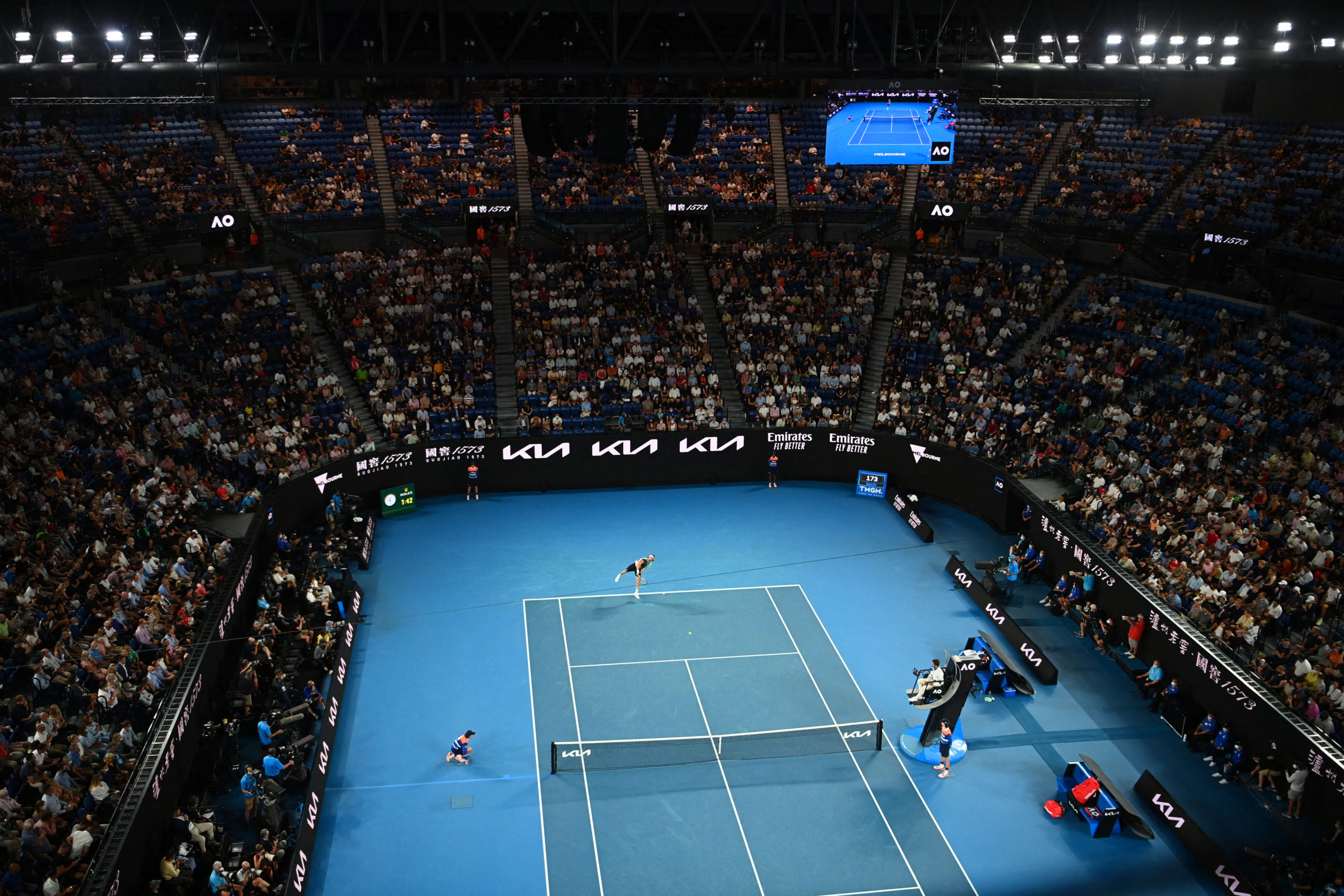 Tennis - Australian Open - Melbourne Park, Melbourne, Australia - January 28, 2022 Panoramic view of Greek player Stefanos Tsitsipas' semi-final against his opponent 