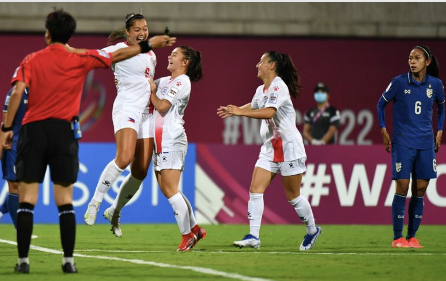 Philippines celebrates after scoring a goal over Thailand in the AFC Women's Asian Cup.
