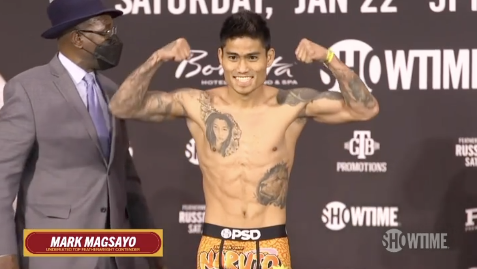 Mark Magsayo after making weight ahead of his WBC featherweight fight vs Gary Russell. Jr.