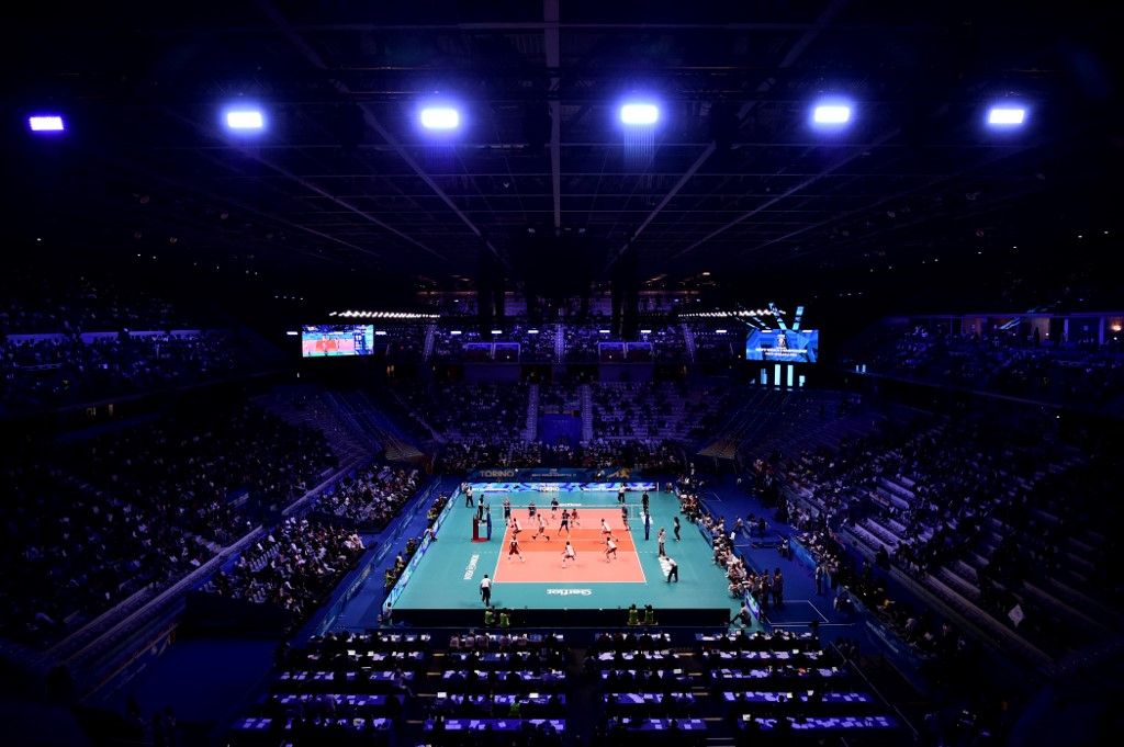 Poland's and Serbia's teams play during the men's volleyball match between Poland and Serbia during the FIVB Men's World Championships 2018 Final Six on September 27, 2018 in Turin. 