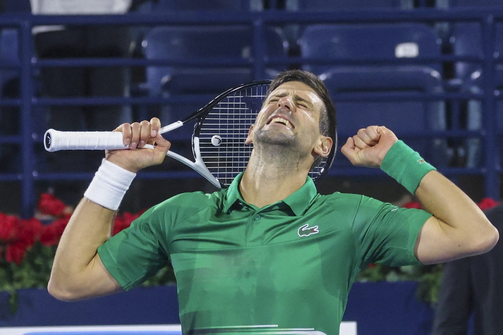 after winning the ATP Dubai Duty Free Tennis Championship round of 32 match against Lorenzo Musetti of Italy in the Gulf emirate of Dubai on February 21, 2022. 