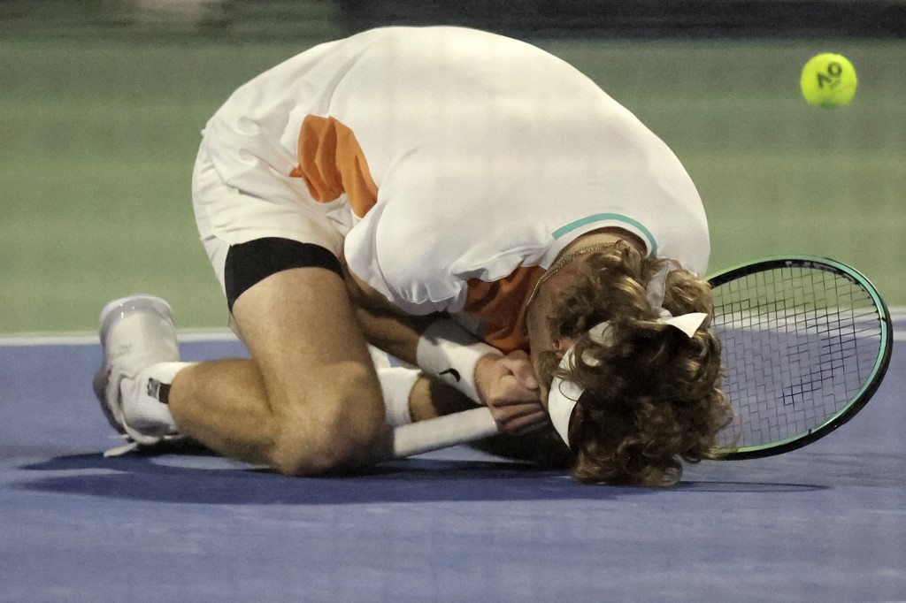 Andrey Rublev of Russia reacts after winning the final match of the ATP Dubai Duty Free Tennis Championship in the Gulf emirate on February 26, 2022. (