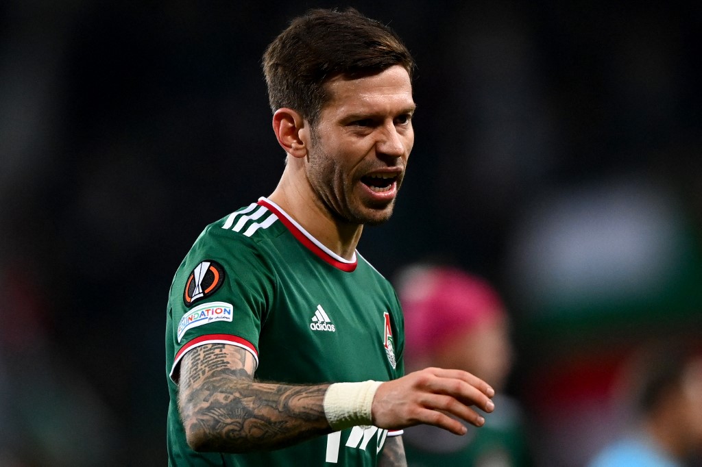 v Moscow's Russian forward Fedor Smolov reacts during the UEFA Europa League football match between Lokomotiv Moscow and Galatasaray at Moscow's Lokomotiv Stadium on October 21, 2021. 